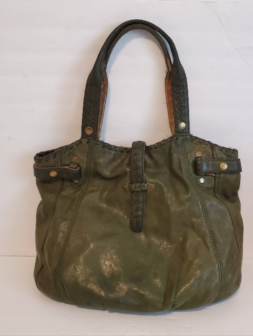 Lucky Brand Olive Green Soft Italian Leather Laced Hobo Tote Book Shoulder Bag